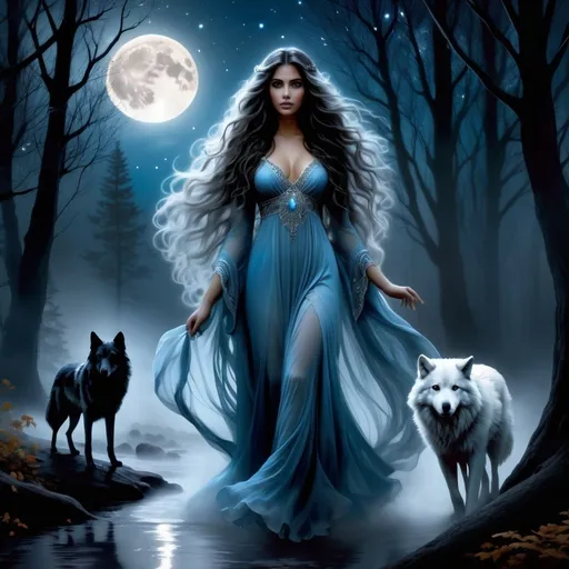 Prompt: a beautiful ghost zerbaijani woman with long black, thick, wavy, messy hair. She's a sad ghost made of gray and blue smoke; she's walking in a spooky forest on a dark, foggy night, a white wolf walks by her side, the ghost has big brown eyes, tanned skin:2, a waxing moon, a full length Body ethereal Goddess Bathing in moonlight, an intriguing luminous night sky, very long hair drenched with moisture, intricate, detailed, intricately detailed, luminous 