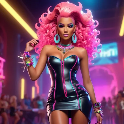 Prompt: 1980s (Hispanic skin tone, thin figure) vibrant woman in a strapless leather mini dress and pink hair with large curls and wearing dramatic neon makeup, glass high heel shoes, spikes, and jeweled, fantastical, intricate detail, splash screen, complementary colors, fantasy concept art, 8k resolution trending on Artstation Unreal Engine 5 