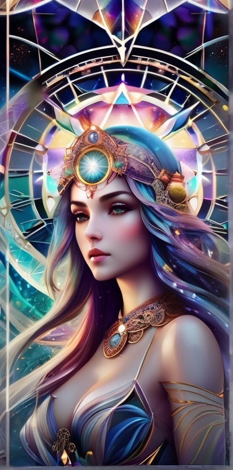 Prompt: beautiful goddess of sacred geometry controls the time. Beautiful, symmetrical face. highly detailed. A very elaborate, illuminated, magical, colorful fractal clock centered. Hajime Soroyama Beautiful moon goddess covered in nightly glow with detailed silver sacred geometry features in the moon with illuminating moonshine, beams; by Anna Dittmann, floradriel, ultra hd, hyper-extreme detail, 120k, ultra hd, hyper-detailed, white, wlop, digital painting; crystal body, Artgerm, Kuvshinov