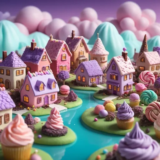 Prompt:  hyper maximalist surreal landscape of a fantasy village made from pastry, cakes, and candy with intricate details and cinematic lighting, 3d lighting, perfect composition {{bokeh purple lavender field in background}} houses made from puff pastry, buildings made from macarons. colorful cupcakes and cakes are the buildings around town. Cotton candy clouds, a lake made of ice cream, gum drop trees, and a candy garden.

 award winning CGI, perfect angle, {isometric island full of sweets and cakes (lollipop, whipped cream), ocean background, celebration, fantasy, surreal, epic fantasy, dreamland}, children dream, (Detailed, finest detailed, ultra detailed, intricate), vibrant color, volumetric lighting, dynamic lighting, depth of field, hard shadow, reflection, sharp focus, photograph