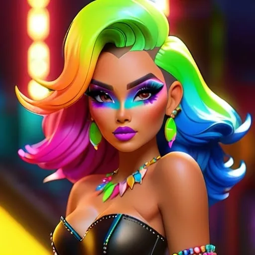 Prompt: 1980s (Hispanic skin tone, thin figure) vibrant woman in a strapless leather mini dress and long multicolored neon hair, and wearing dramatic neon makeup, glass high heel shoes, spikes, and jeweled, fantastical, intricate detail, splash screen, complementary colors, fantasy concept art, 8k resolution trending on Artstation Unreal Engine 5 