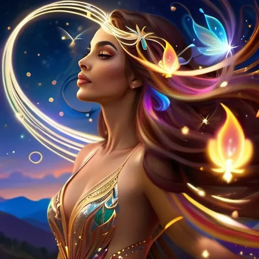 Prompt: A beautiful woman, hispanic skin tone, intricate long multicolored flowing hair, filigree halo, ethereal, phoenix, luminous, fireflies, night sky, glowing, trails of light, 3D lighting, celestial, some sparkle, soft light, sunset, fantasy