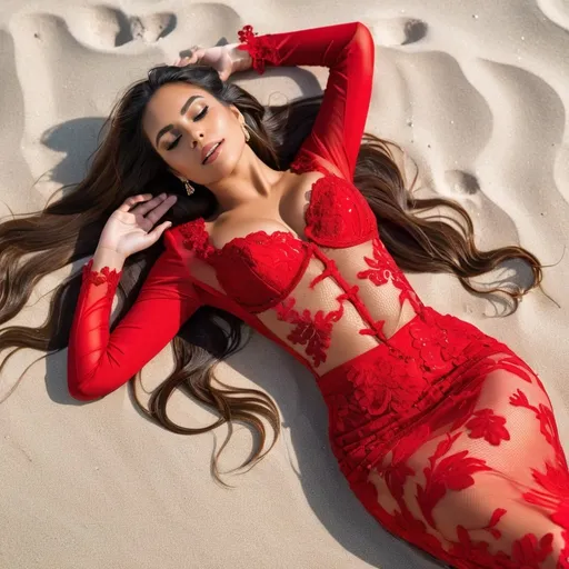 Prompt: a glamourous latina woman lying on her back wearing a red lace mermaid dress on the beach, she has a flat stomach and long flowing brown hair, she has a soft expression on her pretty face and soft makeup