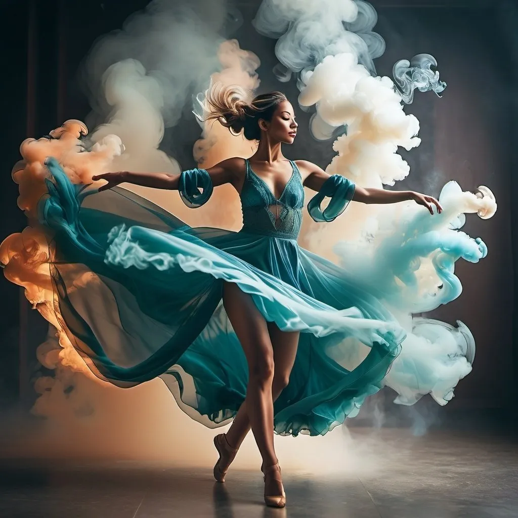 Prompt: A dancer that dissipates and captures smoke's mysterious and fleeting beauty, using colors and compositions to enhance the ethereal and otherworldly atmosphere. Dancing fashion goddess, double exposure, smoke and mirrors, bifrost color theme. Depict the ethereal and transient nature of smoke and showcase the artistic technique and craftsmanship in bringing out the delicate details and ethereal qualities of smoke.