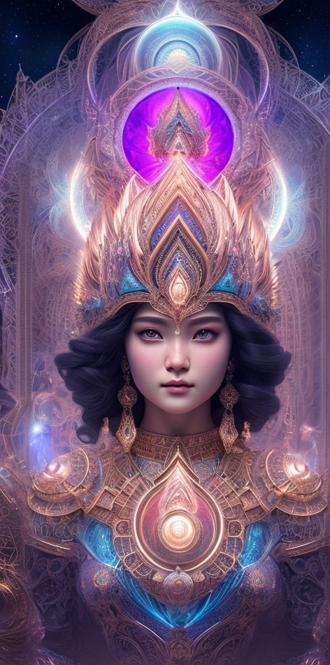 Prompt: beautiful goddess of sacred geometry controls the time. Beautiful, symmetrical face. highly detailed. A very elaborate, illuminated, magical, colorful fractal clock centered. Hajime Soroyama Beautiful moon goddess covered in nightly glow with detailed silver sacred geometry features in the moon with illuminating moonshine, beams; by Anna Dittmann, floradriel, ultra hd, hyper-extreme detail, 120k, ultra hd, hyper-detailed, white, wlop, digital painting; crystal body, Artgerm, Kuvshinov