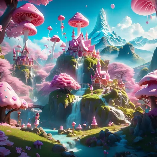 Prompt: 70 mm lens, cinematic shot, centered, perfect angle, a bright fantasy style hillside with large waterfalls stretching into the sky and large spires. The landscape is full of sakura trees, sweets and cakes (lollipop, whipped cream), celebration, fantasy, surreal, epic fantasy, dreamland}, tiny pink mushroom houses are in the landscape

vibrant color, volumetric lighting, dynamic lighting, depth of field, hard shadow, reflection, sharp focus,

photography, digital imaging, trending on artstation, 3D renders, unreal engine, HD, UHD, 64K, 128K, masterpiece, professional work.