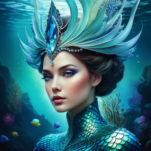 Prompt: A sea goddess, highly detailed intricate bioluminescent scales, stunning face, a crystal shimmer crown by Anna Dittmann, artgerm, catrin welz-stein, Edouard Bisson, highly detailed oil painting, portrait of a beautiful woman, dramatic makeup, cinematic perfect lighting, ocean marine flora background, unreal engine, vivid colors, 