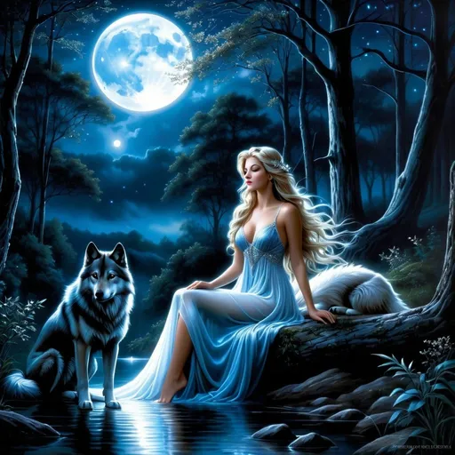 Prompt: a woman in an ethereal gown sitting in the woods with a full moon behind her and a wolf in the background, Anne Stokes, fantasy art, professional digital painting, an oil painting ethereal Goddess Bathing in moonlight, intriguing luminous night sky, very long hair drenched with moisture, intricate, detailed, intricately detailed, luminous