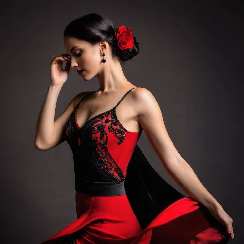 Prompt: beautiful tango dancer, red and black costume, elegant movement, delicate hands and fingers