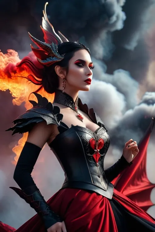 Prompt: fighting fire dragon being ridden by a beautiful goth fairy queen wearing a black and red gown and bold red and black makeup, surrounded by smoky red clouds, shooting fire from its mouth, detailed matte painting, deep color, fantastical, intricate detail, splash screen, complementary colors, fantasy concept art, 8k resolution trending on Artstation Unreal Engine 5  medieval fantasy