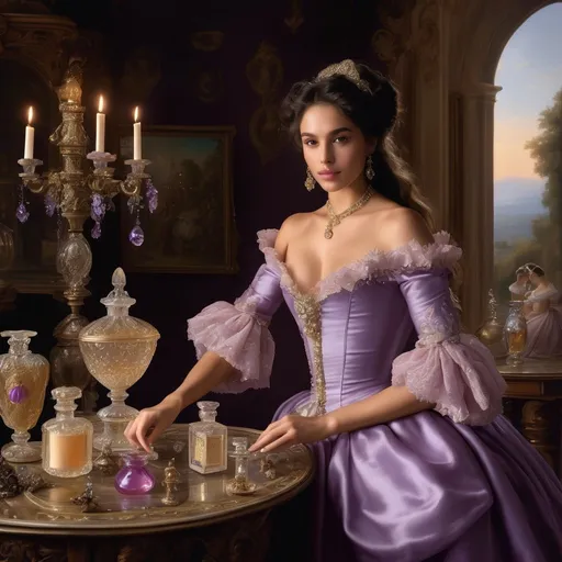 Prompt: Perfume Alchemy in a rococo perfume shop is a beautiful Hispanic alchemist creating perfumes using elaborate crystal bottles, ((Hispanic skin tone)) woman in a tight lavender off the shoulder victorian gown, is standing near a table with a jar of perfume on it and a candle, Enguerrand Quarton, rococo, renaissance oil painting, an oil painting