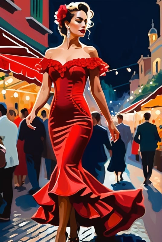 Prompt: a woman in a red flamenco dress walking down a market at night time with a crowd watching her on the side, Celia Fiennes, maximalism, fantastically gaudy, an impressionist painting