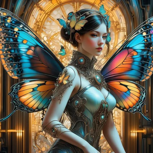 Prompt: artificial intelligence x-ray colorful circuit grim core dieselpunk. metamorphosis beautiful woman butterfly luxury street art elegant extreme, otherworldly astral metaphysical epoxy resin hyperspace plumage. Lovecraft Toile de Jouy art nouveau. fashion photography