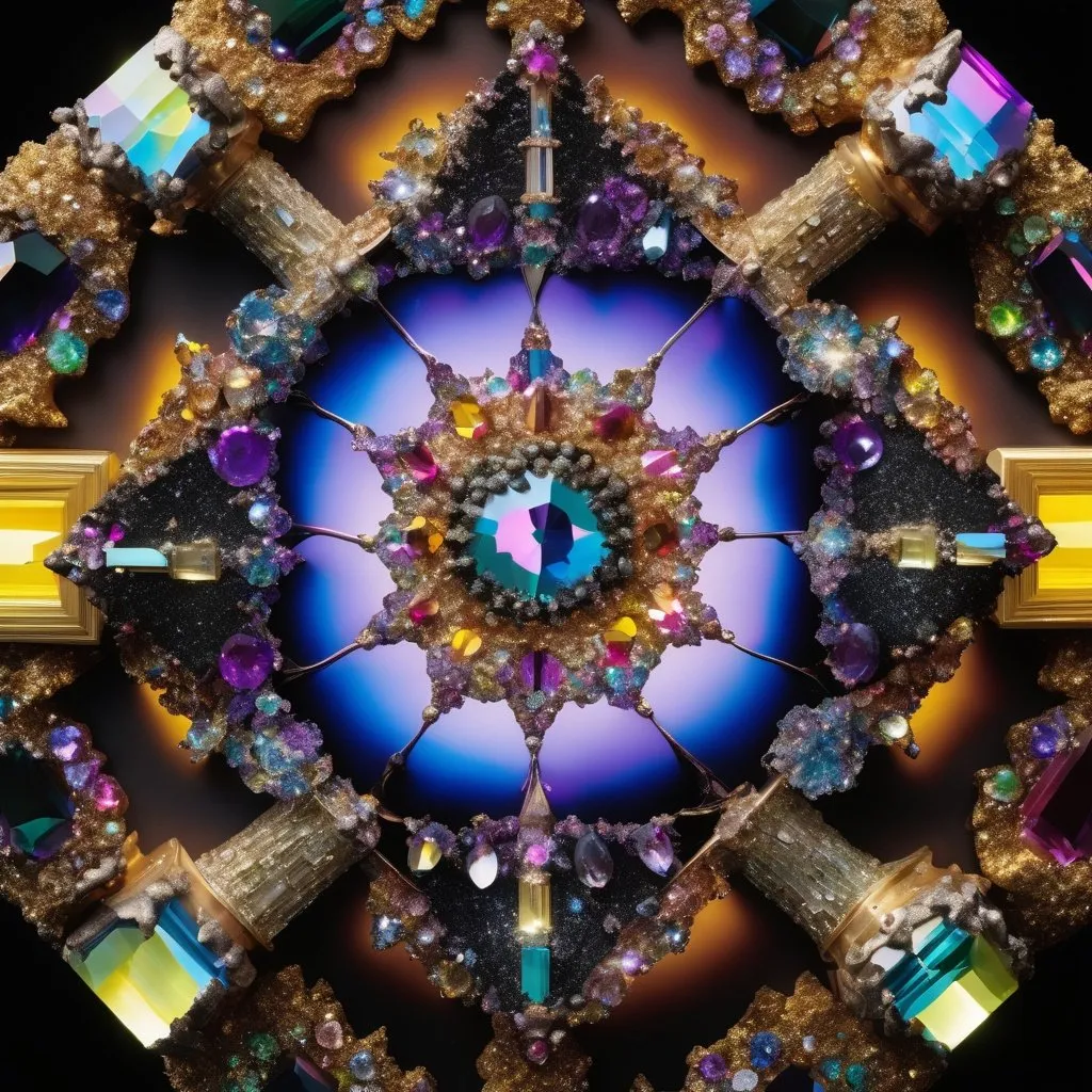 Prompt: a kaleidoscope made from glowing bismuth metal encrusted with gems and crystals, glowing with light, and a black background, David LaChapelle, iridescent accents, an abstract sculpture, covered in dew drops and glitter