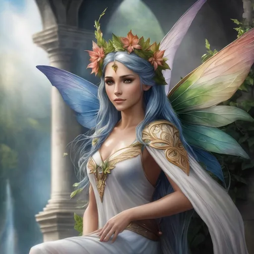 Prompt: fairy with wings made from watercolor eaves on her back, and a laurel crown, Anne Stokes, fantasy art, fantasy artwork, a digital rendering