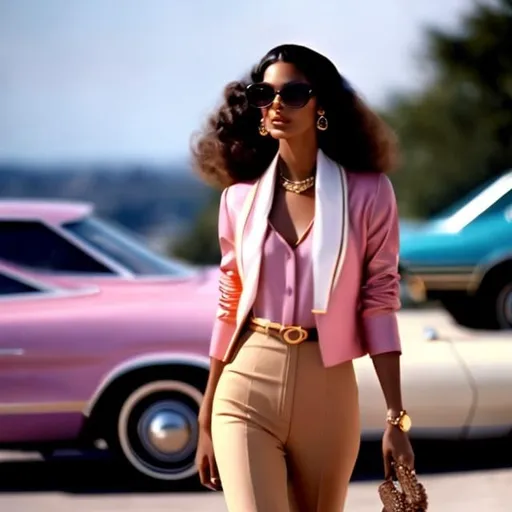 Prompt: A stunning 1970s fashion scene featuring a fashionable Hispanic model displaying her tan skin. She's dressed in a chic 70s outfit, inspired by authentic period styles, in variant shades of pink. Her long brown hair flows in voluminous waves and large curls, recalling the quintessential 70s glamour. The scene encapsulates the style and energy of the era, with the model poised in a relaxed, yet vibrant pose, embodying the spirit of 70s fashion.