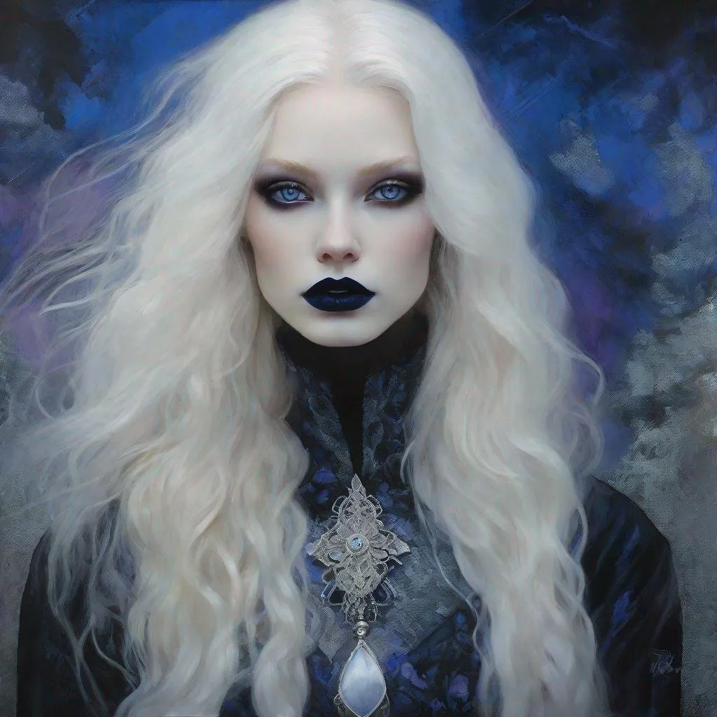 Prompt: A very beautiful albino girl witch, Violet eyes, heavy metallic blue eyeliner, black lipstick,  long hair, black and silver ethereal clothes art by  William Oxer, Nickolas Muray, Aliza Razell, Charles Robinson, esao Andrews. Ethereal background, Mixed media, 3d, extremely detailed, intricate, high definition, crisp quality, standing in front of a The Timeless Ice Field, masterpiece, best quality, in lovecraftian style