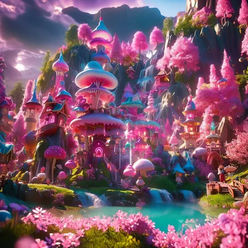 Prompt: 70 mm lens, cinematic shot, centered, perfect angle, a bright fantasy style hillside with large waterfalls stretching into the sky and large spires. The landscape is full of sakura trees, sweets and cakes (lollipop, whipped cream), celebration, fantasy, surreal, epic fantasy, dreamland}, tiny pink mushroom houses are in the landscape

vibrant color, volumetric lighting, dynamic lighting, depth of field, hard shadow, reflection, sharp focus,

photography, digital imaging, trending on artstation, 3D renders, unreal engine, HD, UHD, 64K, 128K, masterpiece, professional work.