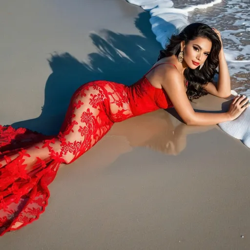 Prompt: a glamourous latina woman lying on a beach with a red lace mermaid dress