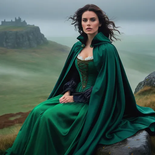 Prompt: Katherine Earnshaw sitting on a rock crying over Heathcliff, on the foggy moors, moody, beautiful face, green gown with a cape, Wuthering Heights is in the background, Hyperrealistic, splash art, concept art, mid shot, intricately detailed, color depth, dramatic, 2/3 face angle, side light, colorful background