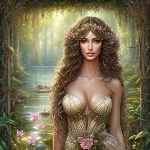 Prompt: HD 4k 3D, hyper realistic, professional modeling, ethereal Greek goddess of echoes, black ombre hair, tan skin, gorgeous face, gorgeous wild foliage dress,  rustic jewelry and tiara, full body, ambient glow, forest nymph, landscape next to pond with lilypads, detailed, elegant, ethereal, mythical, Greek, goddess, surreal lighting, majestic, goddesslike aura