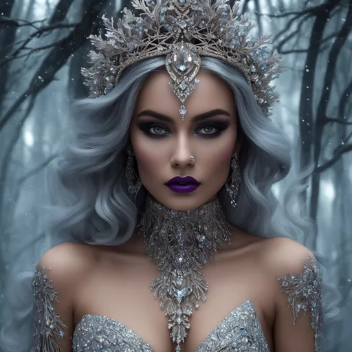 Prompt: glamorous Woman with platinum hair and a tan skin tone in a dress of ice flowers, a beautiful crown on her head, front, background frozen forest, cover, unzoom, choker, hyperdetailed, luminism, Bar lighting, complex, 4k resolution concept art portrait by Greg Rutkowski, Art germ, WLOP, Alphonse Mucha, little fusion pojatti realistic goth, fractal symmetrical face. She wears a large diamond and crystal crown with crystal spirals in the background 