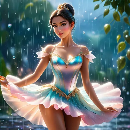 Prompt: beautiful hispanic woman, ((skinny ballerina, pretty face, tan skin)), perfect figure, peaceful expression, flowing ballet costume, classical dance position, the scene is covered in dew drops and rain, glitter is exploding all around, detailed matte painting, deep color, fantastical, intricate detail, splash screen, complementary colors, fantasy concept art, 8k resolution trending on Artstation Unreal Engine 5 