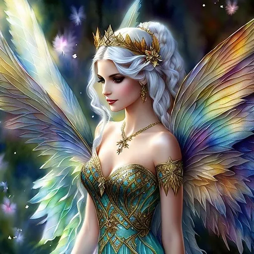 Prompt: fairy with wings made from watercolor leaves, wearing a laurel crown, Anne Stokes, fantasy art, fantasy artwork, a digital rendering