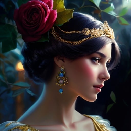 Prompt: a woman wearing a tiara and a blue dress with gold jewelry on her head and a red rose in her hair, Artgerm, fantasy art, cgstudio, a photorealistic painting