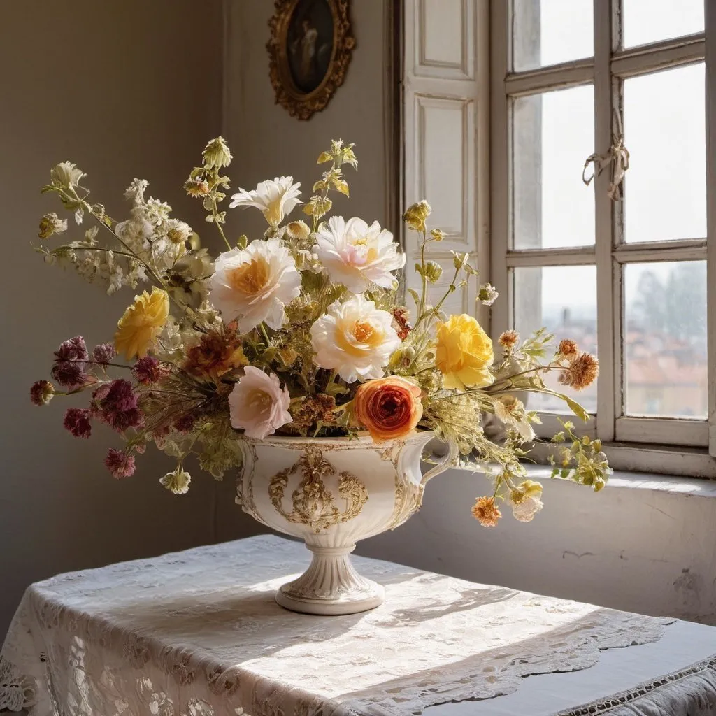 Prompt: rococo flower arrangement on a lace tablecloth, sitting next to a sunny window