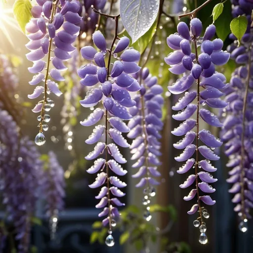 Prompt:  Close-up photograph of Wisteria covered in glistening dew drops, crystals, silver glitter, shimmering morning dew : sunrays (shimmering:1.3) : (sparkling:1.6) : extreme contrast and saturation : Storybook style : hyperdetailed : beautiful : elegant : ethereal : fantasy concept art : 8k resolution : Unreal Engine 5 : volumetric lighting : deep colors : gorgeous : friendly colors : story book style : muted colors : watercolor style : ornate details : ultra high quality : sharp details