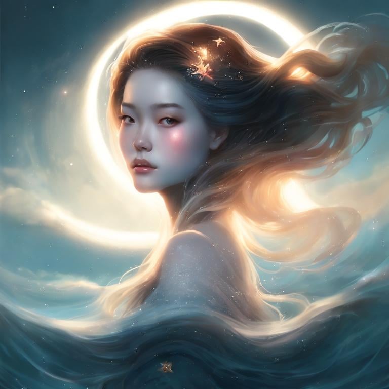 Prompt: a woman with long hair standing in the water with a moon behind her and a halo around her head, Alice Prin, fantasy art, fashion photography, a photorealistic painting