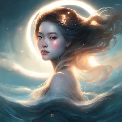 Prompt: a woman with long hair standing in the water with a moon behind her and a halo around her head, Alice Prin, fantasy art, fashion photography, a photorealistic painting