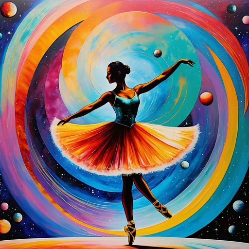 Prompt: A ballet dancer does a pirouette, a heliocentric reality revolving around art science, encaustic painting, decoupage, idealwave dreamcore futurepunk a new world is arising in vibrant bold textures and colors more is less and less is more in an organically balanced world tipping the plane of consiousness, huzzah 