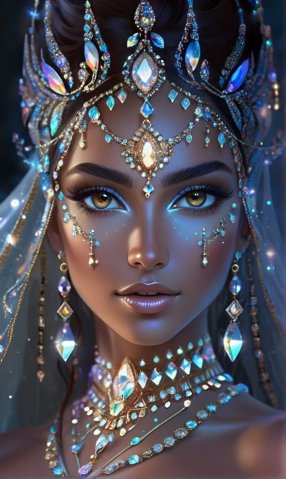 Prompt: a beautiful woman, she has big brown eyes, tanned skin:2, ethereal crystal Goddess, covered in jewels and crystals, an intriguing luminous woman, detailed, intricately detailed, luminous