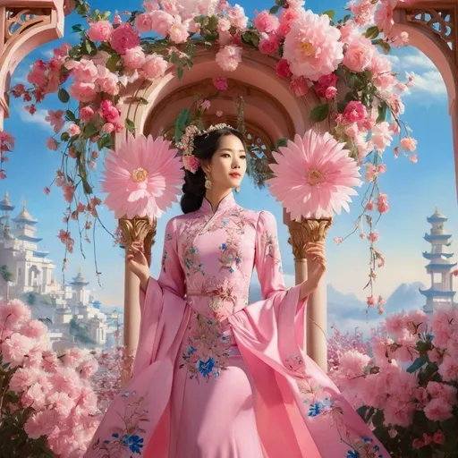 Prompt: a woman in a pink dress standing in front of a floral archway with flowers on it and a blue sky background, Chen Lin, fantasy art, orientalism, a painting