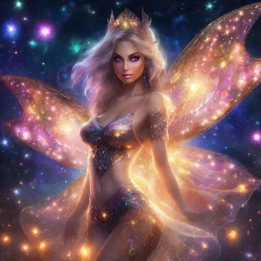 Prompt: A complete body form of a stunningly beautiful, hyper realistic, buxom woman with incredible bright eyes wearing a sparkling, glowing, skimpy, natural, flowing, sheer, fairy, witches outfit on a breathtaking night with stars and colors with glowing, detailed sprites flying about