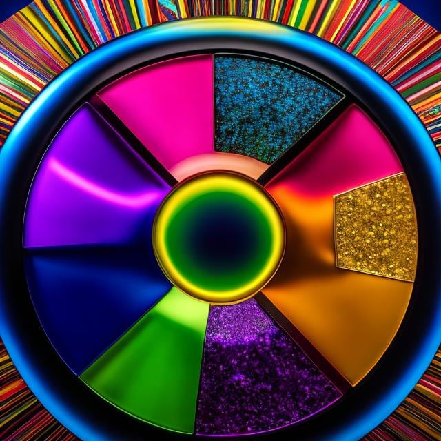 Prompt: a circular picture of a colorful object with many colors and shapes on it, with a black background and a black background, David LaChapelle, cloisonnism, iridescent accents, an abstract sculpture