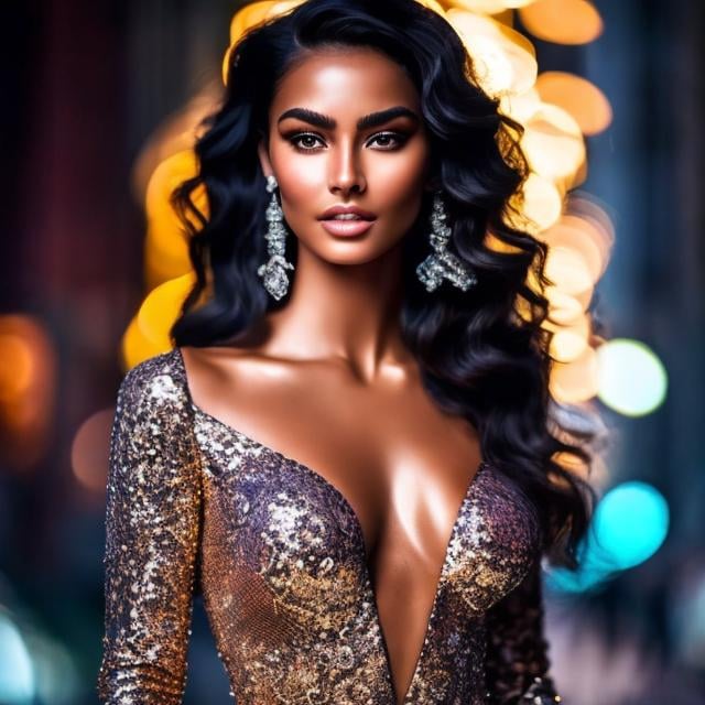 Prompt: epic masterpiece at night with hyper-detailed, flawless tan skin tone,  breathtaking,  catchlight eyes, Woman with flawless tan skin tone, beautiful face, flawless facial features, Insanely detailed face, hypnotic gaze, long wavy hair, black and silver sequin gown, 70s style