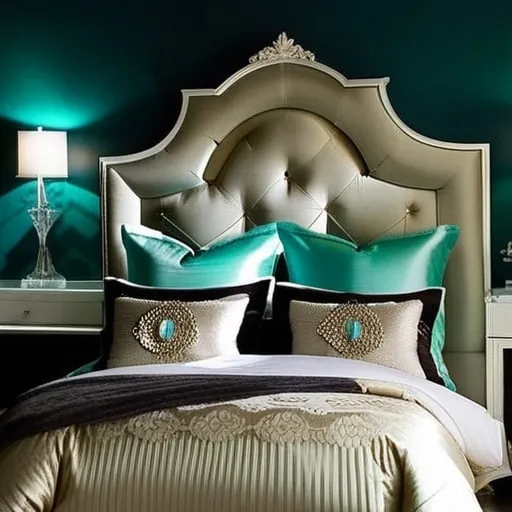 Prompt: women's tiffany blue bedroom, glamour, ethereal, 