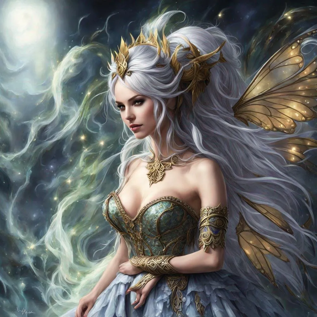 Prompt: a woman dressed in a fairy costume holding, fairy wings on her back, and a laurel crown, Anne Stokes, fantasy art, fantasy artwork, a digital rendering