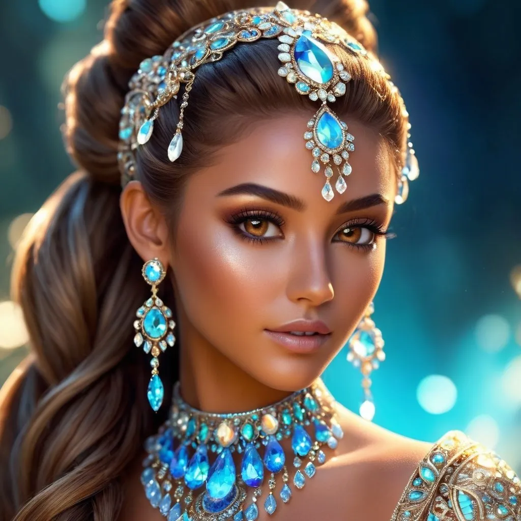 Prompt: a beautiful woman, with a long ponytail, she has big brown eyes, tanned skin:2, ethereal crystal Goddess, covered in jewels and crystals, an intriguing luminous woman, detailed, intricately detailed, luminous