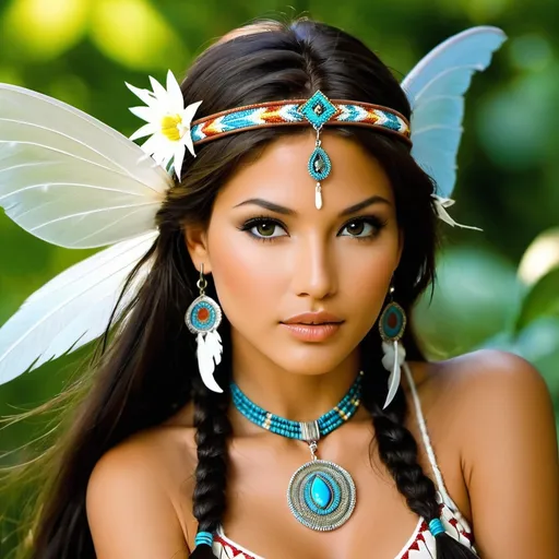 Prompt: native american fairy, she has a face similar to Angelina and gia carangi