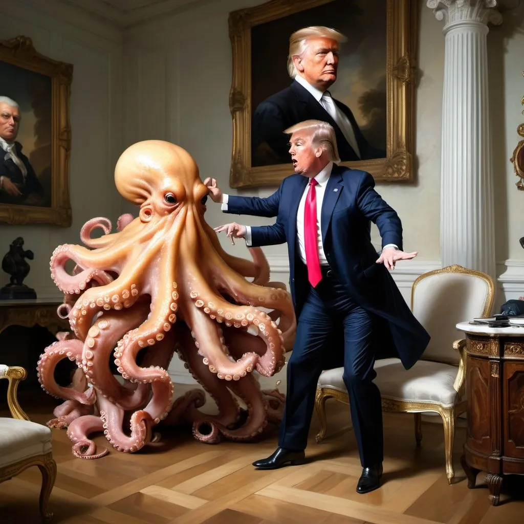 Prompt: Donald Trump fighting with drunk octopus in the white house as painted by fragonard