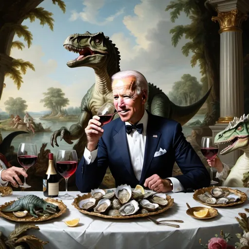 Prompt: The rococo landscape with dinosaurs and Joe Biden drinking wine and eating oysters in the style of Boucher 