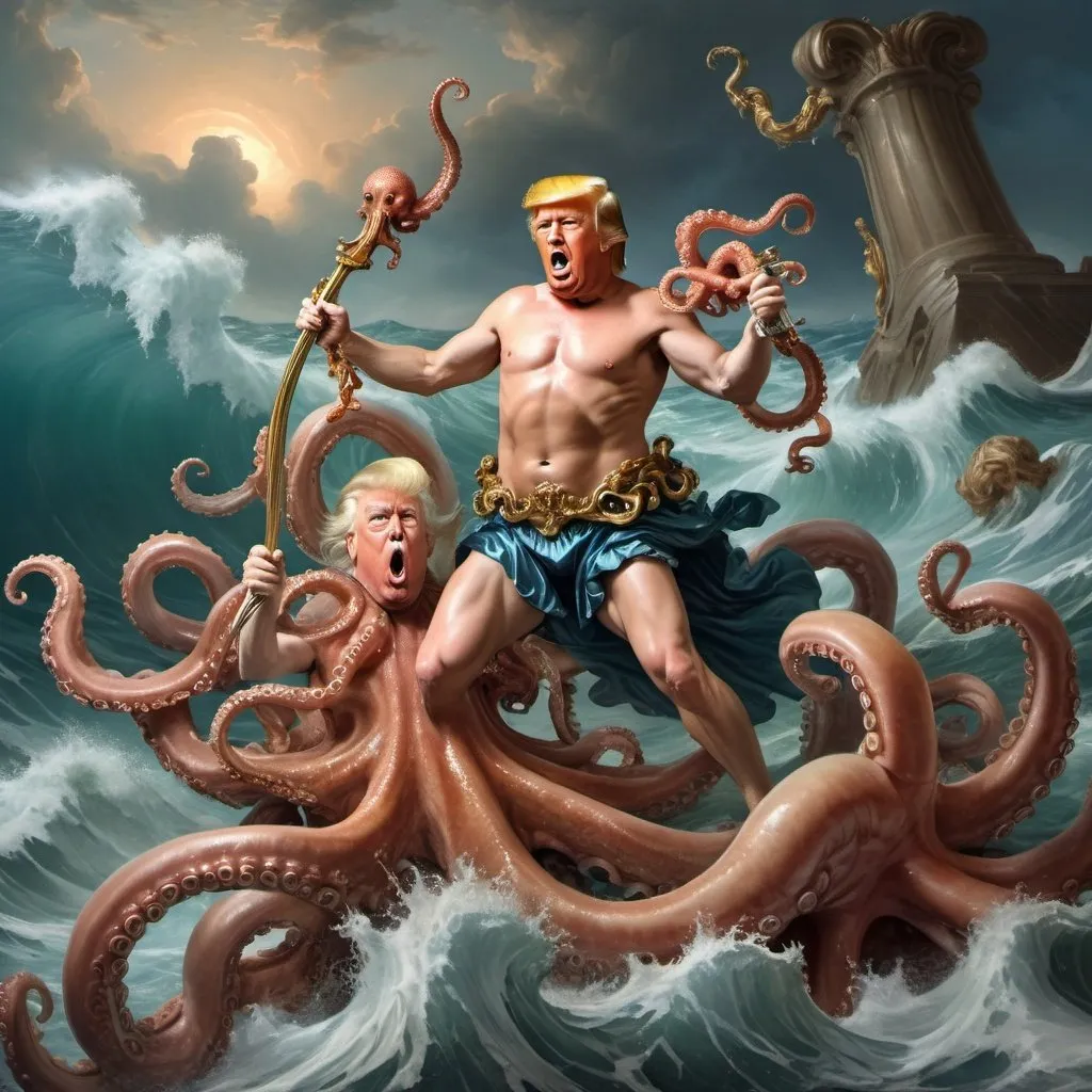 Prompt: Donald Trump as Poseidon  fighting with drunk octopus in the rococo seascape