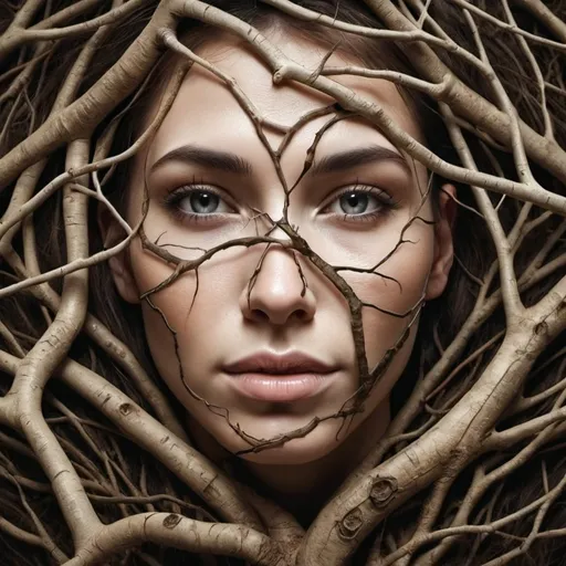 Prompt: human face covet with tree branches and roots