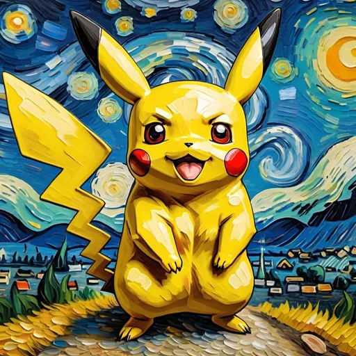 Prompt: Pikachu in Van Gogh style, oil painting, vibrant brushstrokes, textured canvas, high quality, impressionism, bright yellow tones, expressive brushwork, dynamic composition, detailed fur, energetic and whimsical, iconic tail, playful and charming, artistic interpretation, lively atmosphere, Van Gogh inspired, creative lighting, masterful strokes, playful expression
