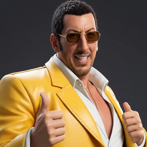 Prompt: Create an image of Adam Sandler portraying Kizaru from One Piece. Adam Sandler should be dressed in Kizaru's signature yellow-striped suit with a white marine coat draped over his shoulders. He should have Kizaru's characteristic sunglasses and his relaxed, somewhat mischievous expression. The background should be a dynamic scene, with bright, flashing lights suggesting Kizaru's light-based powers, adding a sense of motion and energy. Adam Sandler's comedic persona should blend with Kizaru's laid-back, confident demeanor.