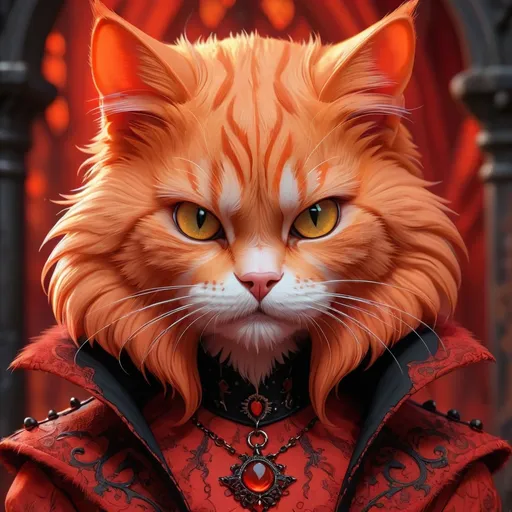 Prompt: Gothic orange cat in red, detailed clothing, high quality, digital art, gothic, red tones, detailed fur, intense expression, mysterious atmosphere